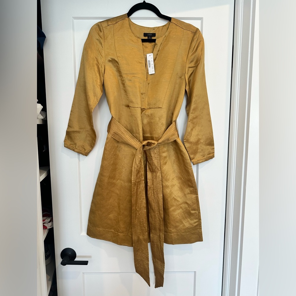 Gold Satin Linen-Blend Tie-Waist Dress
